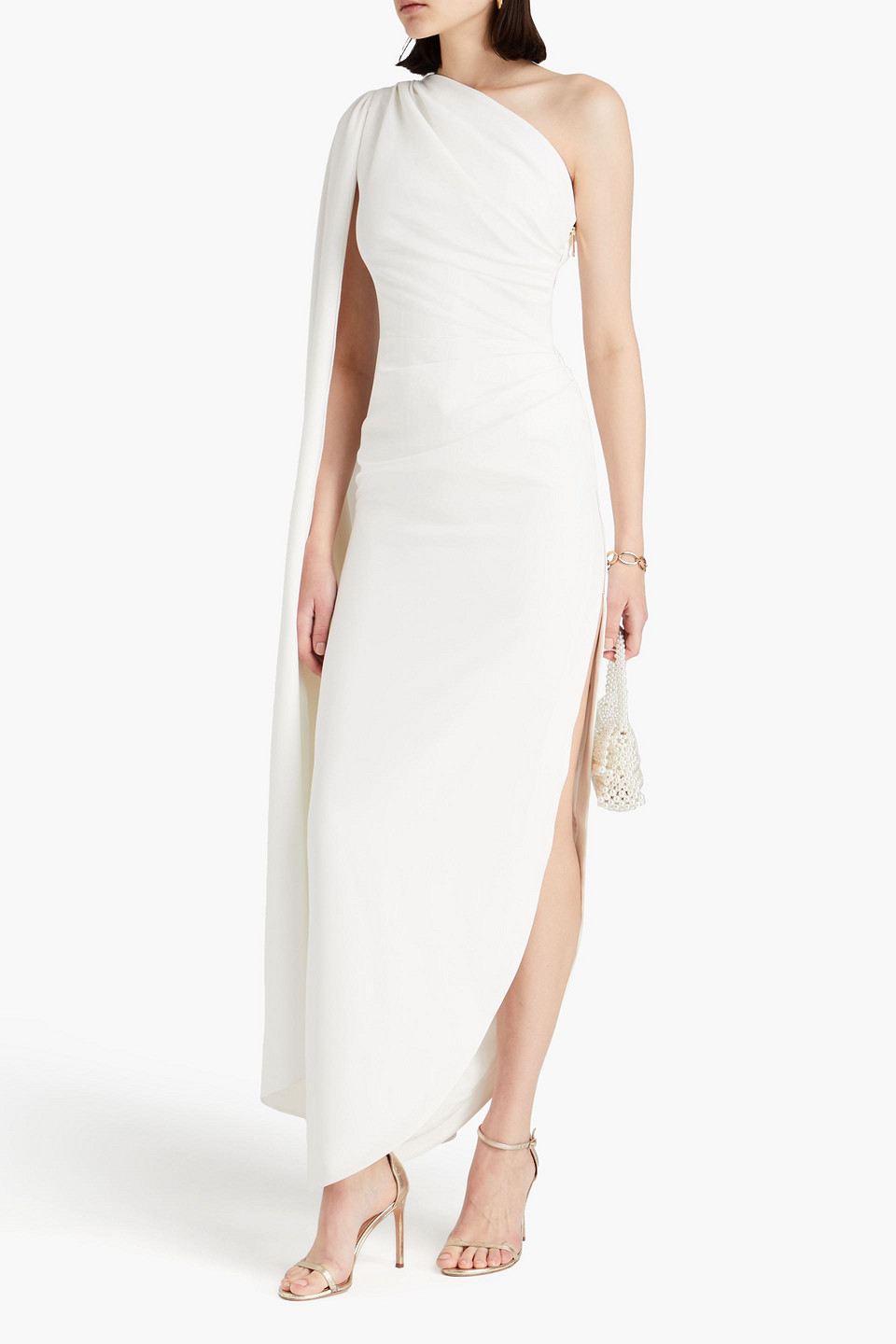 Shop Rhea Costa One-shoulder Draped Crepe Gown In Ivory