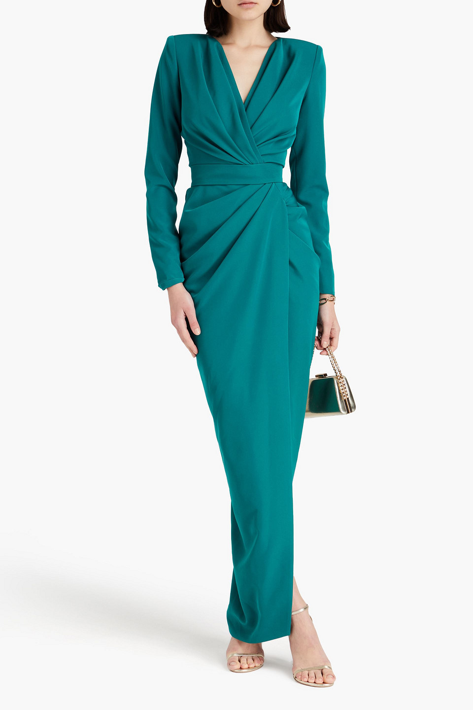 Shop Rhea Costa Wrap-effect Draped Crepe Gown In Teal