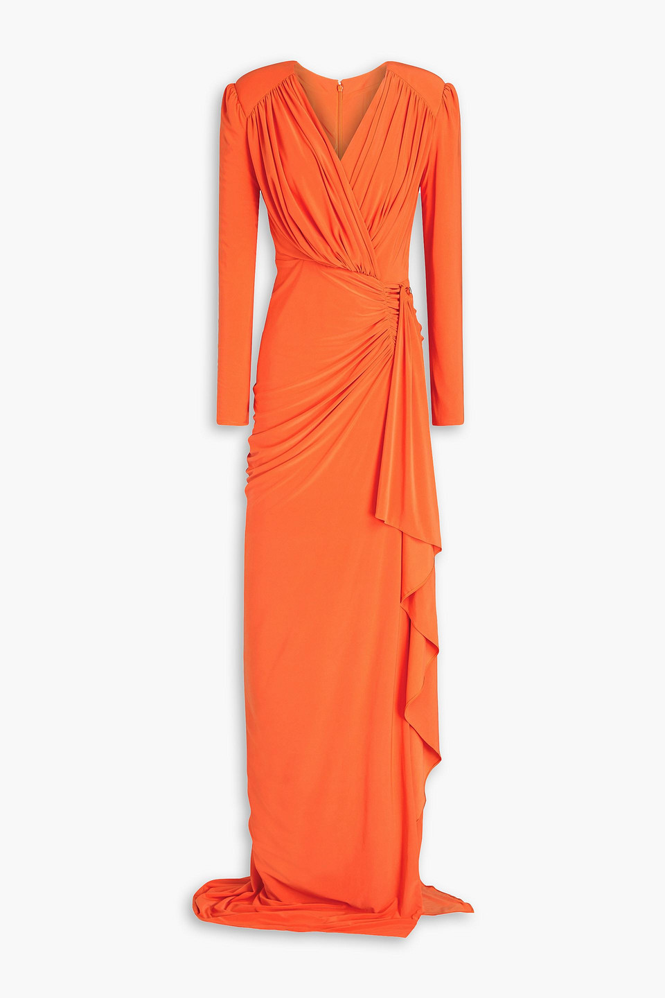 Rhea Costa Wrap-effect Draped Ruched Satin-jersey Gown In Bright Orange