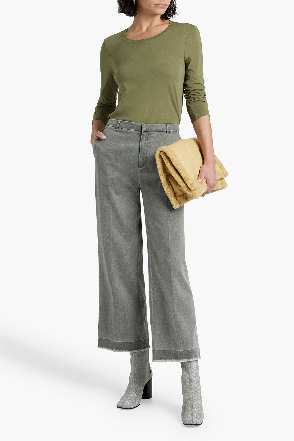 Shop Atm Anthony Thomas Melillo Cropped Cotton-blend Twill Wide-leg Pants In Gray