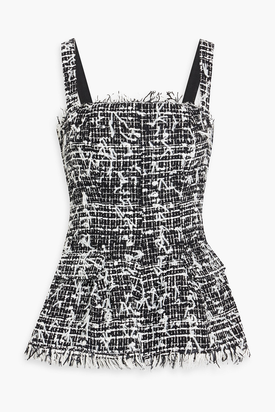 Oscar De La Renta Frayed Cotton-blend Tweed Peplum Top In Black