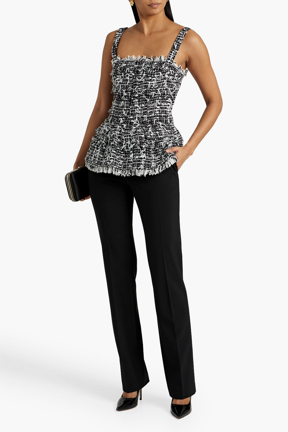 Oscar De La Renta Frayed Cotton-blend Tweed Peplum Top In Black