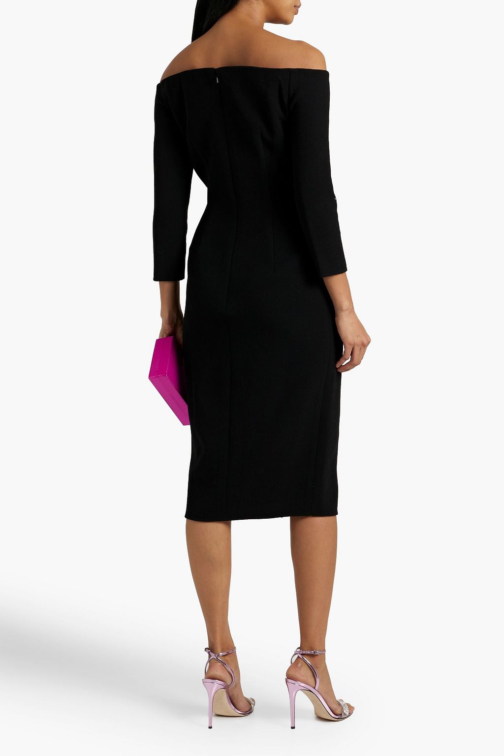 OSCAR DE LA RENTA Off-the-shoulder wrap-effect embellished wool-blend midi dress