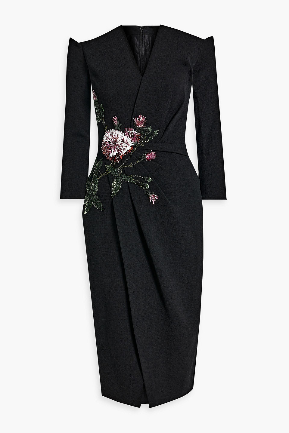 Oscar De La Renta Off-the-shoulder Wrap-effect Embellished Wool-blend Midi Dress In Black