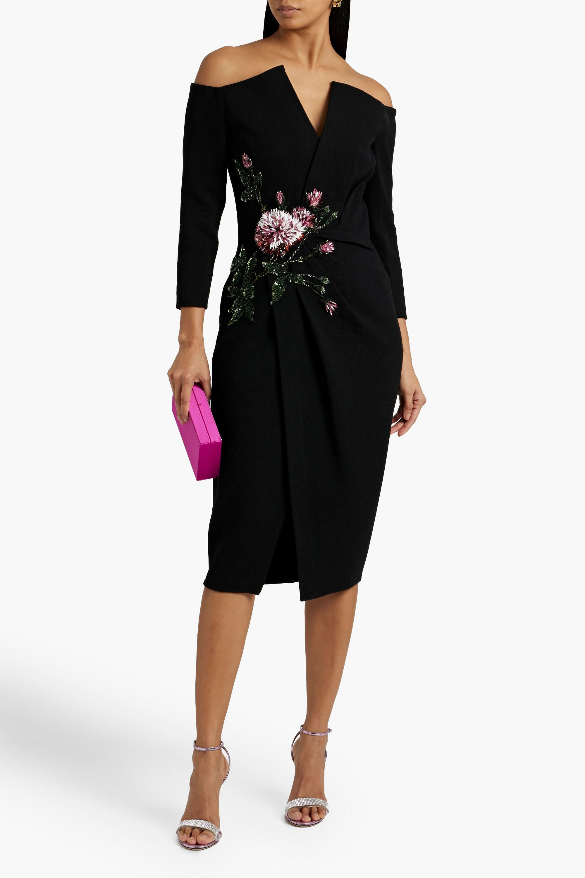 Oscar de la Renta Off-the-shoulder wrap-effect embellished wool-blend midi dress