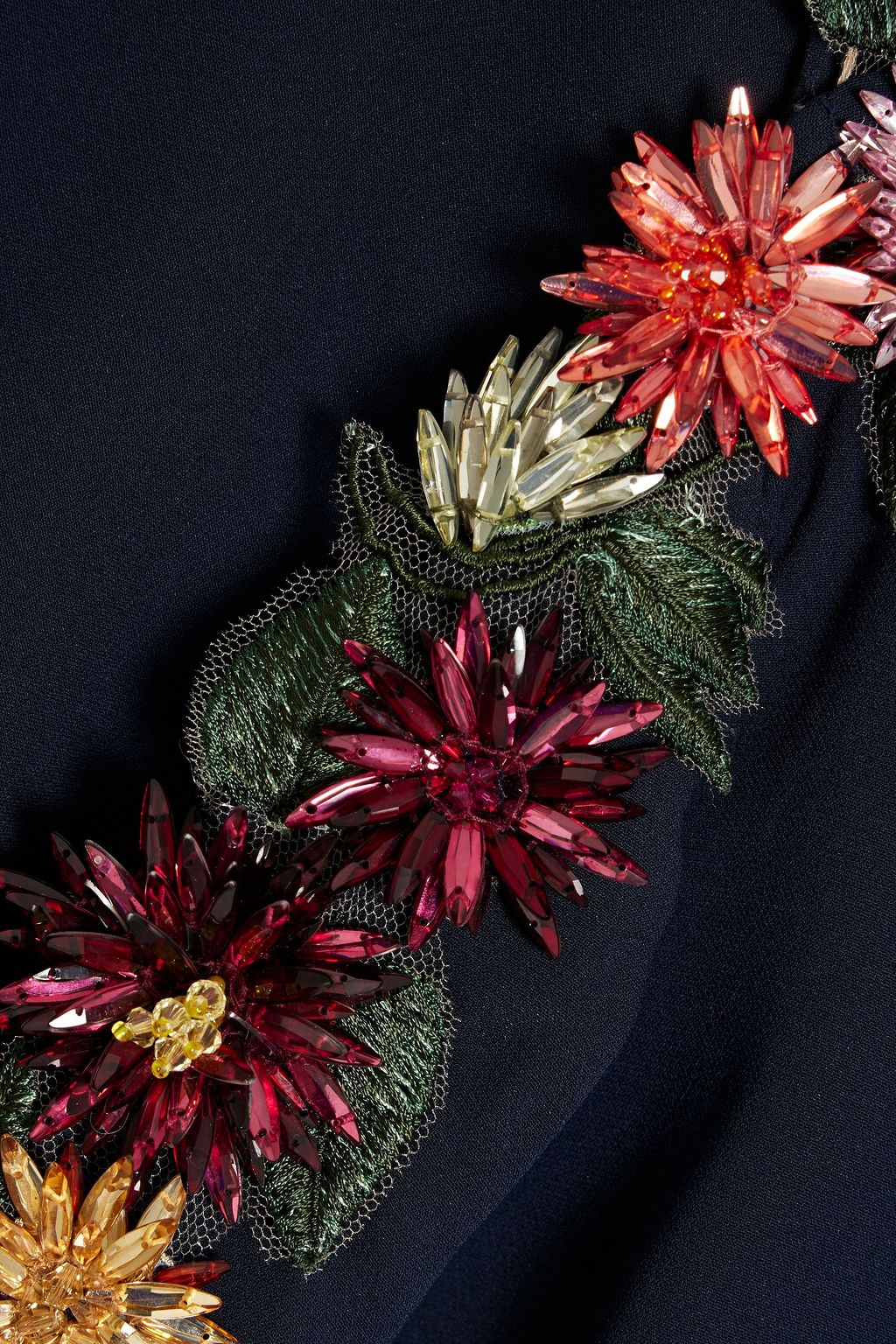 OSCAR DE LA RENTA Tulle-trimmed embellished silk-blend crepe blouse