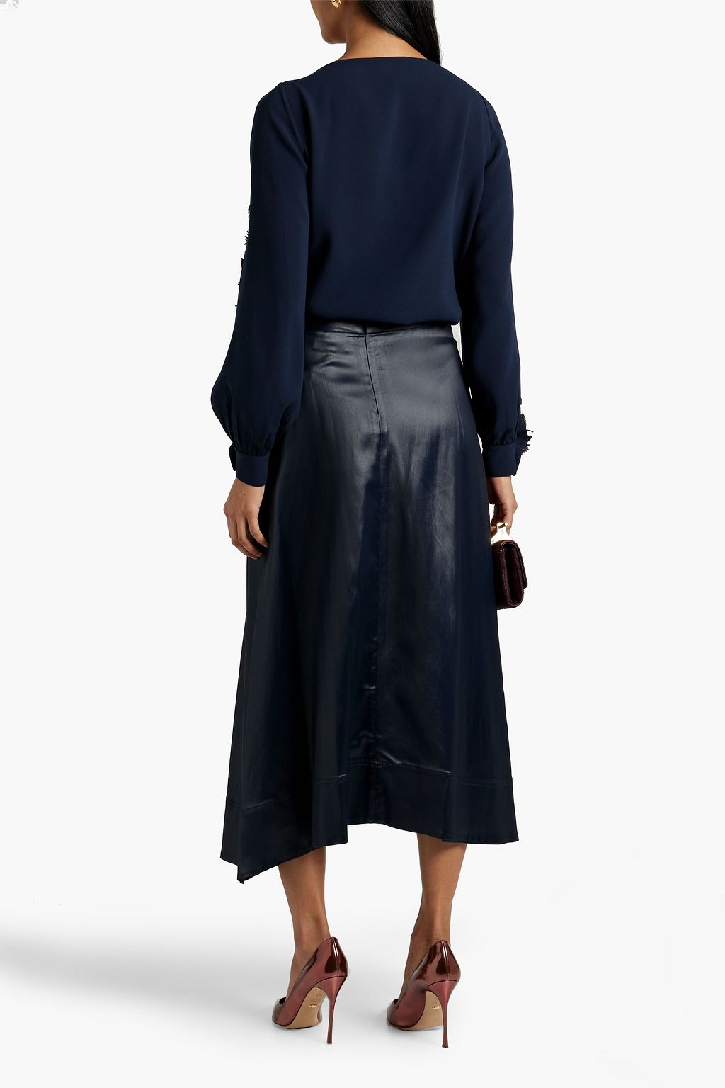 OSCAR DE LA RENTA Tulle-trimmed embellished silk-blend crepe blouse