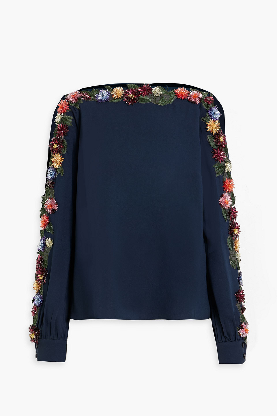 Oscar De La Renta Tulle-trimmed Embellished Silk-blend Crepe Blouse In Navy