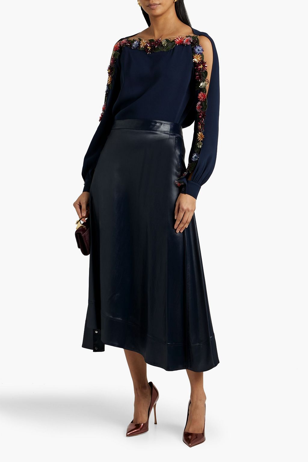 OSCAR DE LA RENTA Tulle-trimmed embellished silk-blend crepe blouse