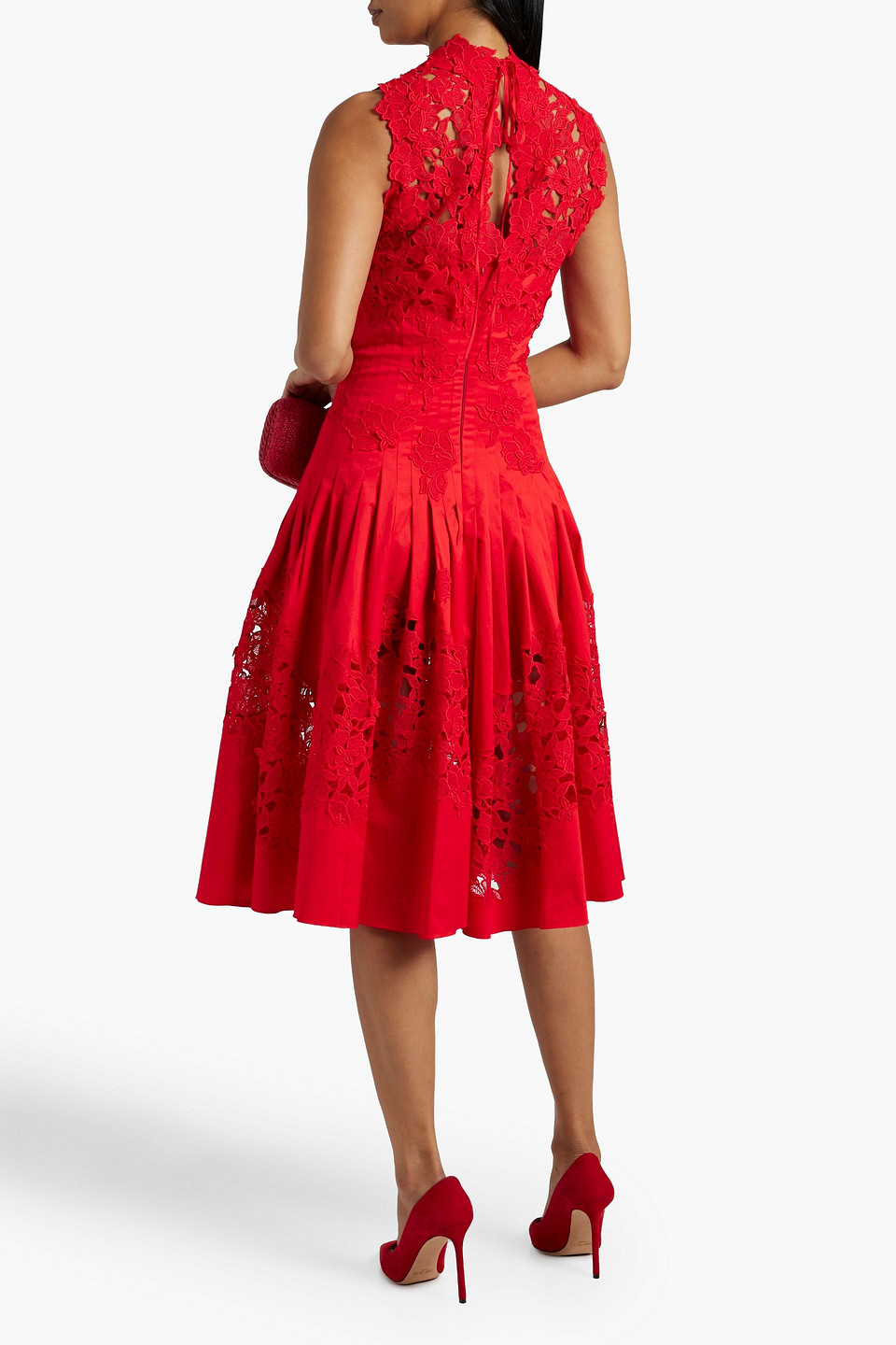 Shop Oscar De La Renta Guipure Lace-paneled Cotton-blend Poplin Midi Dress In Red