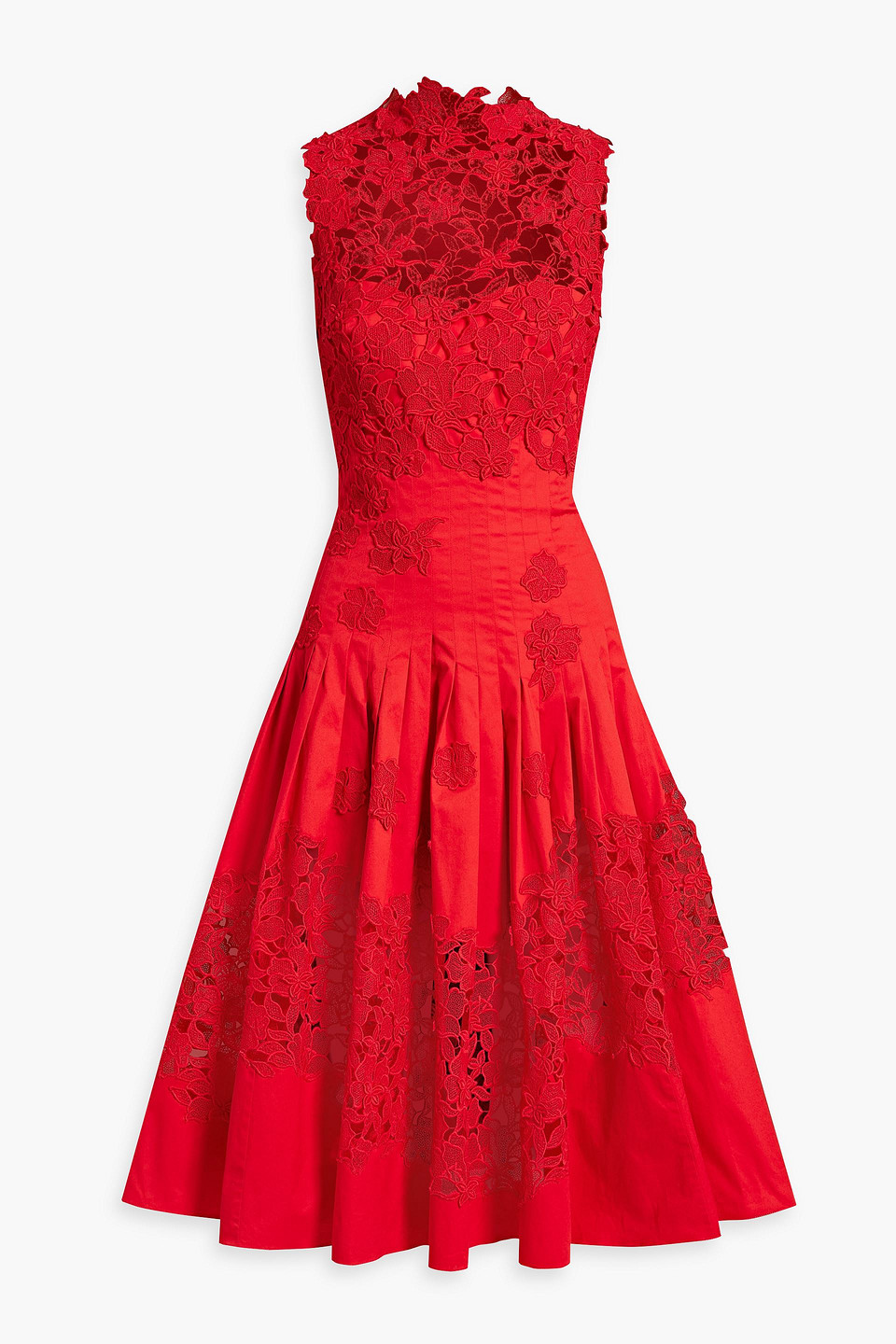 Shop Oscar De La Renta Guipure Lace-paneled Cotton-blend Poplin Midi Dress In Red