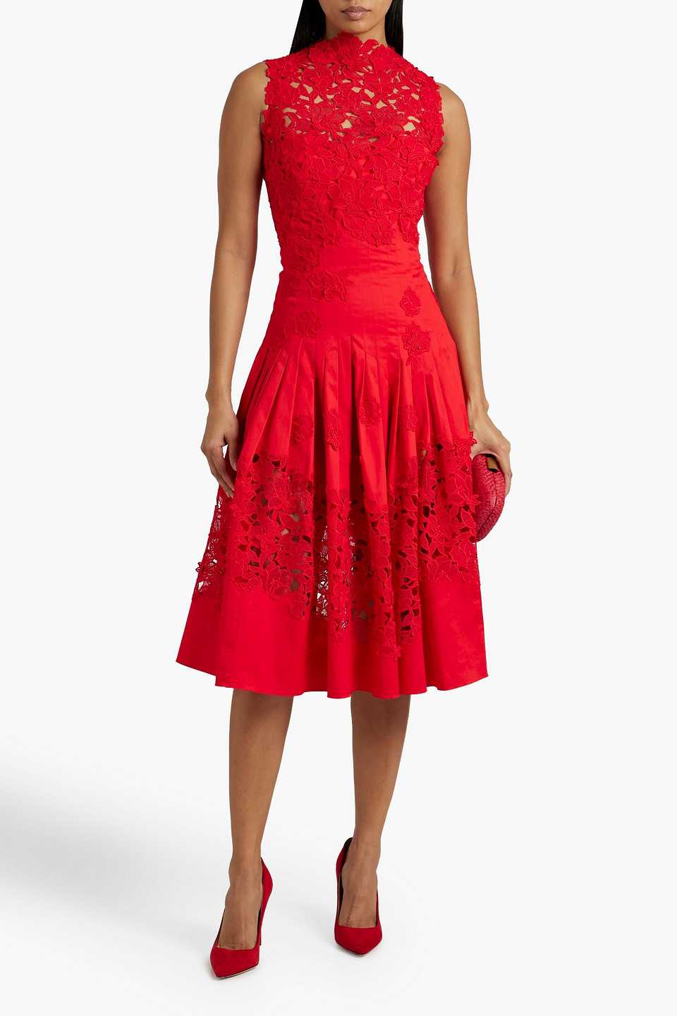 Shop Oscar De La Renta Guipure Lace-paneled Cotton-blend Poplin Midi Dress In Red