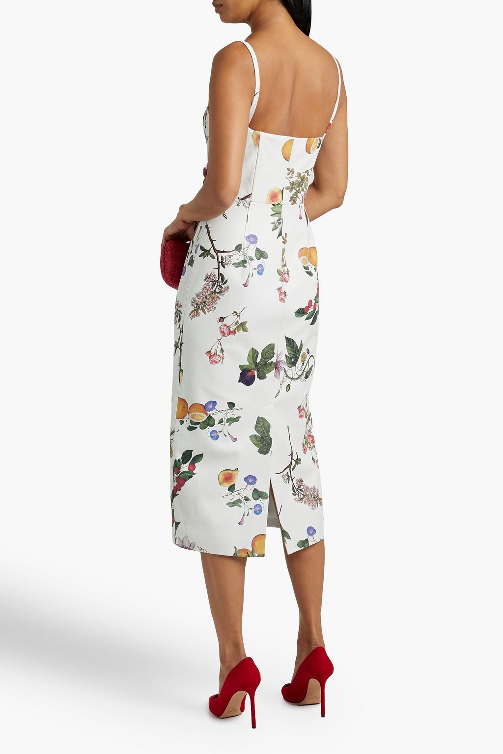 OSCAR DE LA RENTA Floral-appliquéd printed leather midi dress