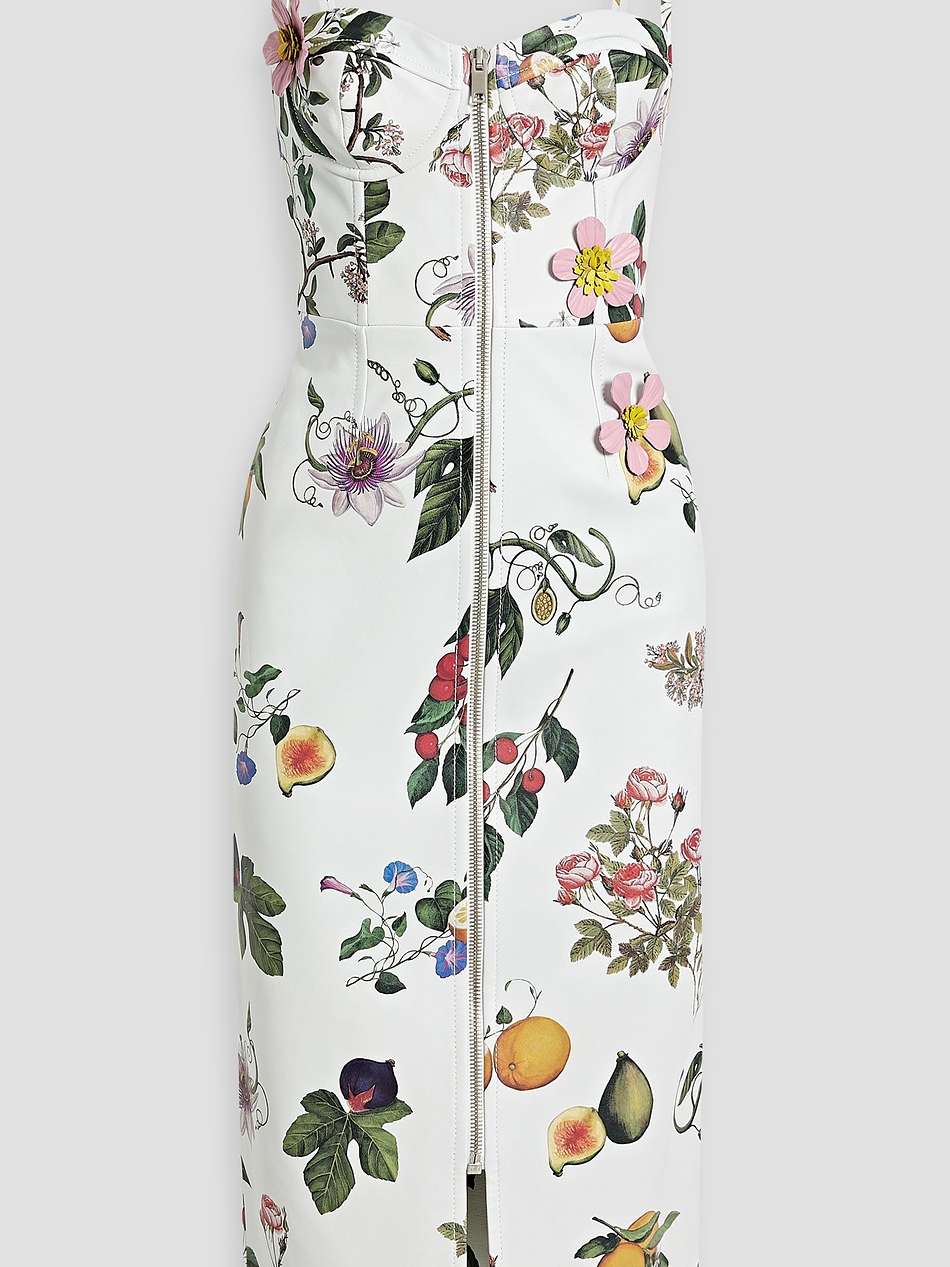 floral-appliquéd printed leather midi dress