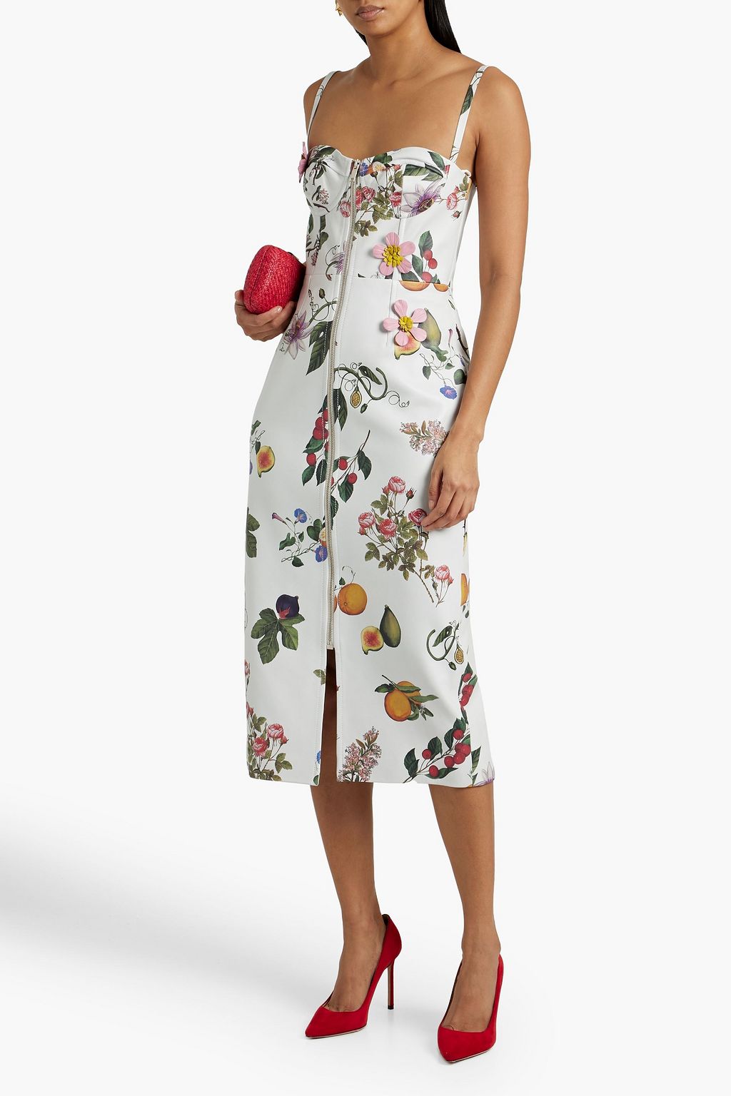 OSCAR DE LA RENTA Floral-appliquéd printed leather midi dress