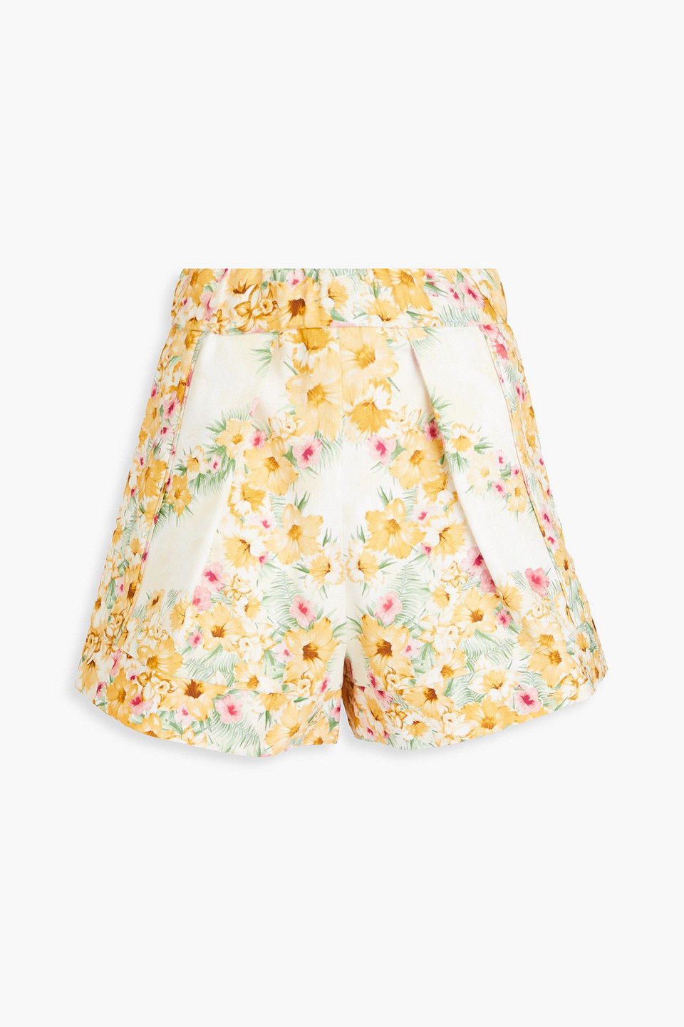 Maje Pleated Floral-print Cotton Shorts In Saffron