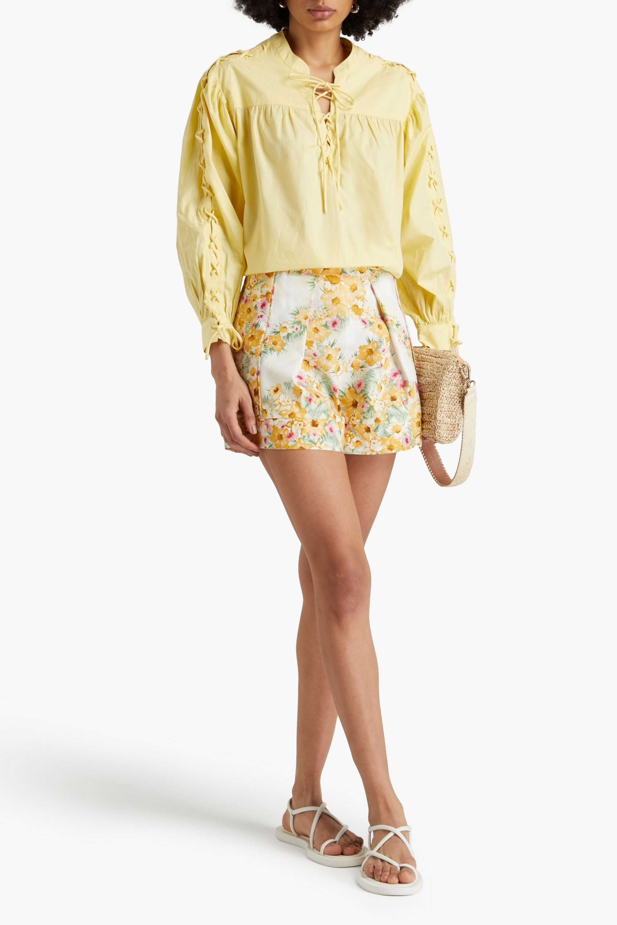 MAJE Pleated floral-print cotton shorts