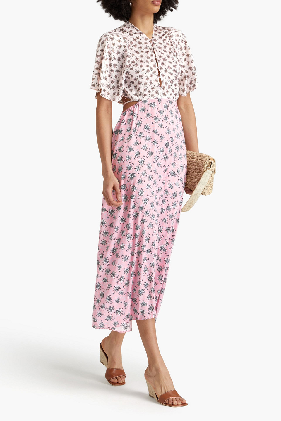 Shop Maje Cutout Printed Satin Midi Dress In White
