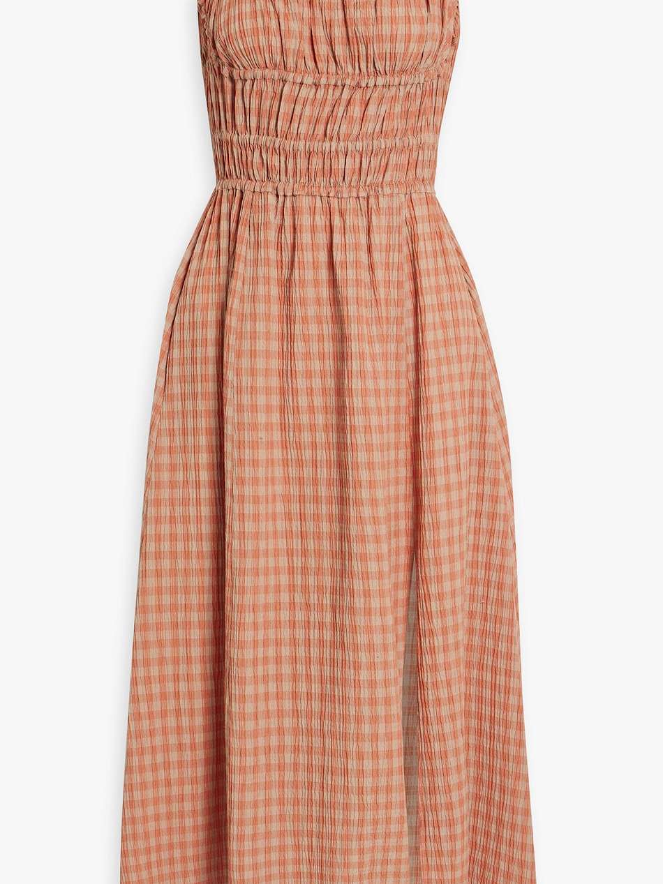 ruffled shirred gingham cotton-blend seersucker midi dress