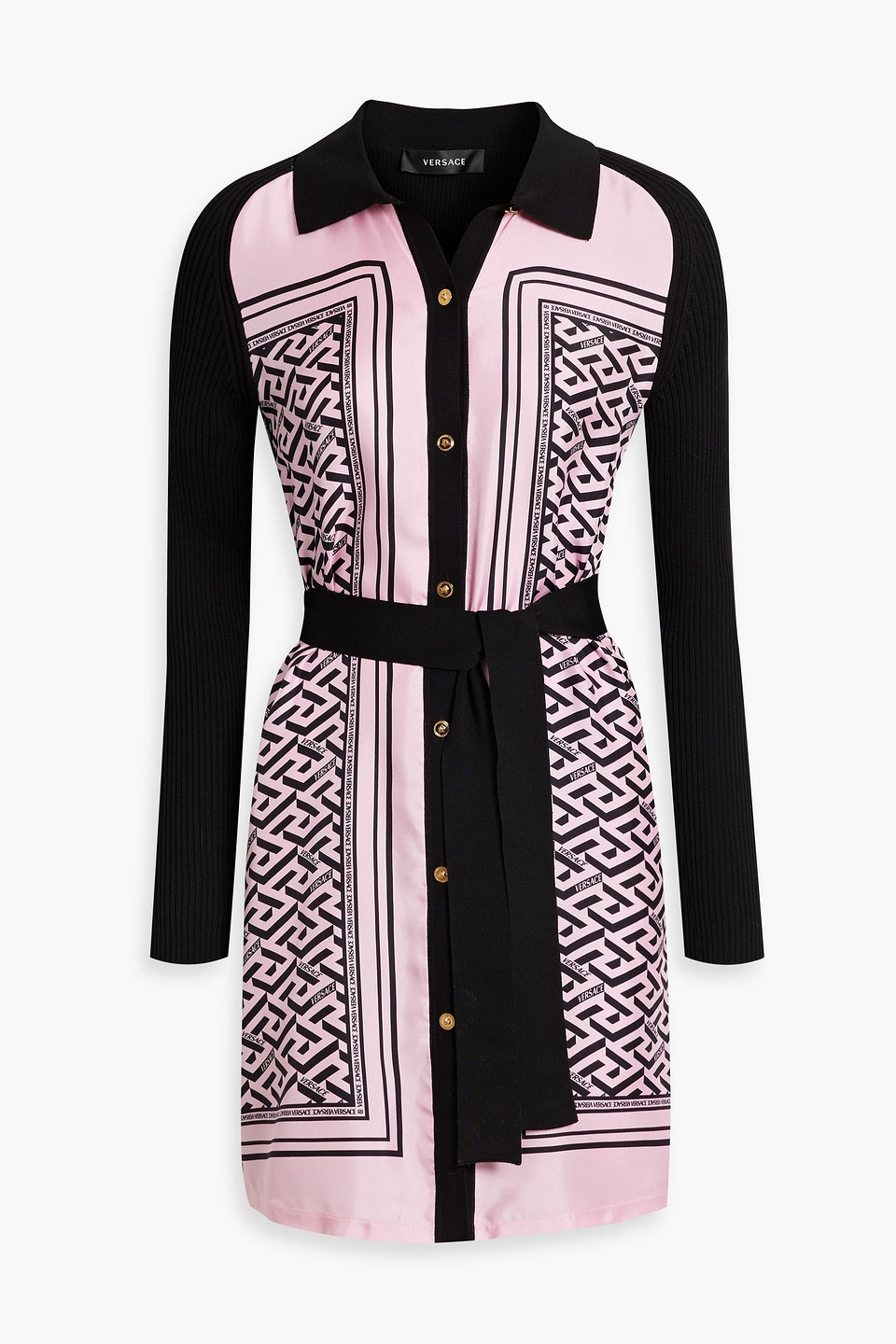 Versace Knit-paneled Logo-print Silk And Cotton-blend Twill Mini Shirt Dress In Baby Pink