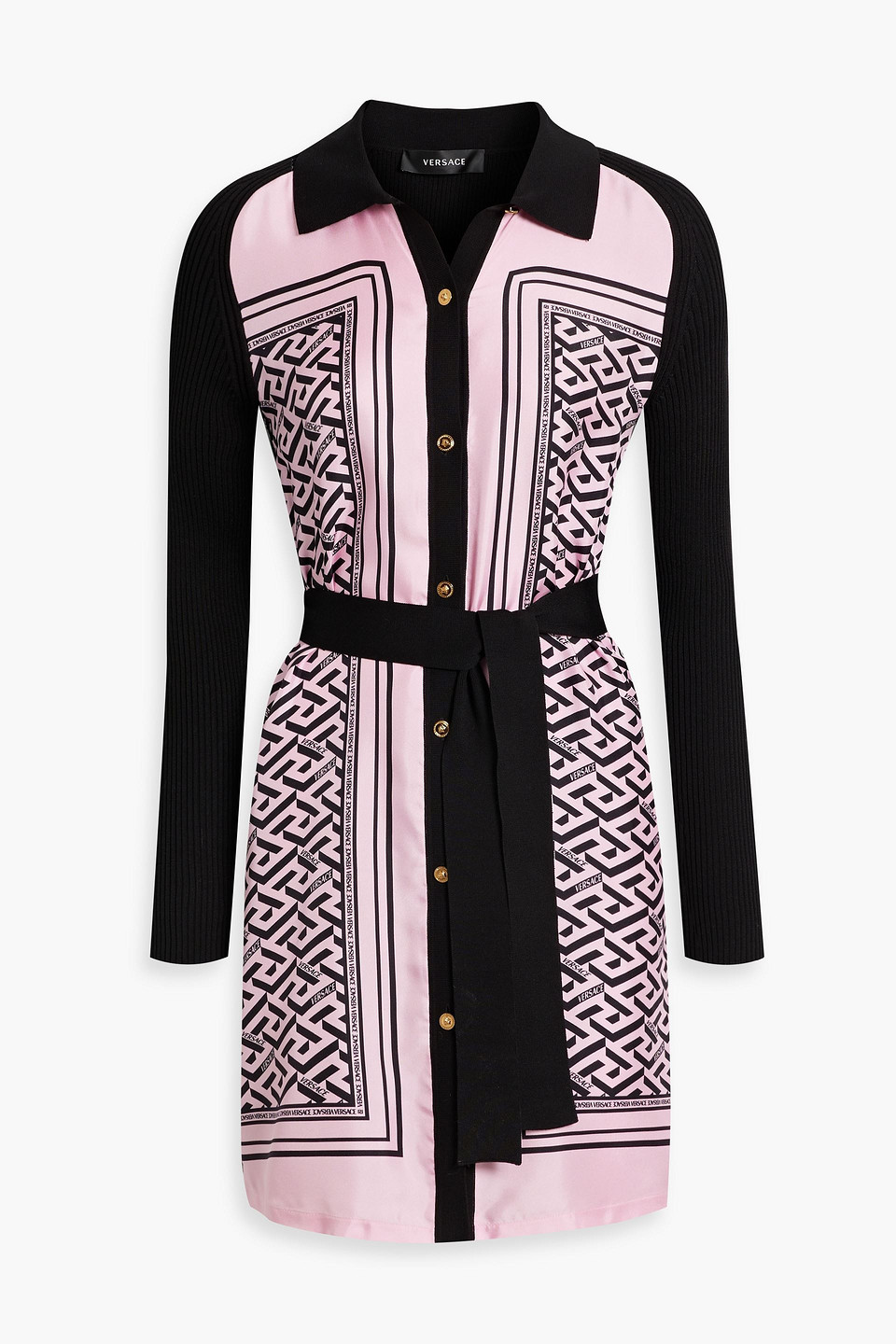 Shop Versace Knit-paneled Logo-print Silk And Cotton-blend Twill Mini Shirt Dress In Baby Pink