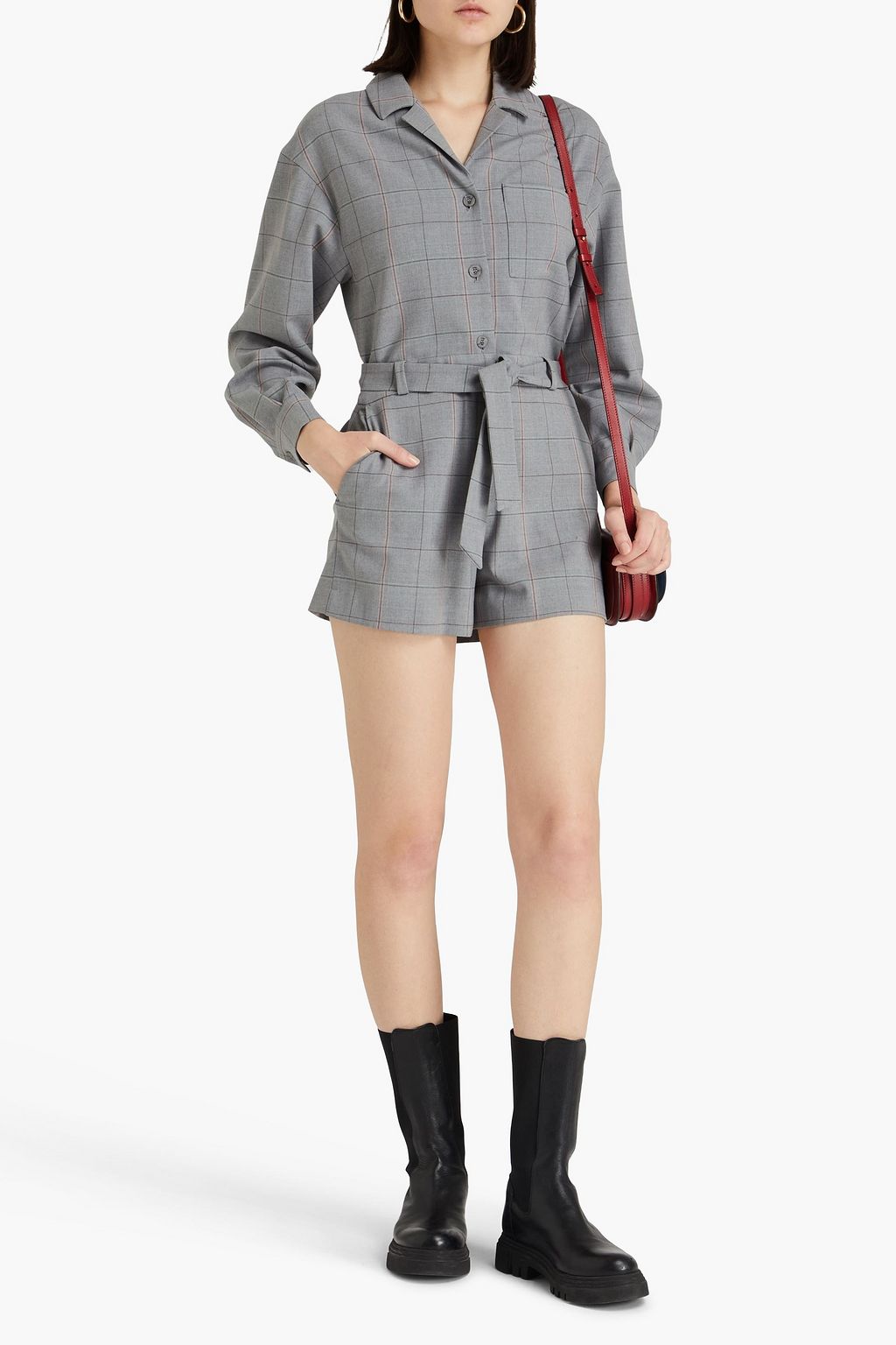 MAJE Checked wool-blend twill playsuit