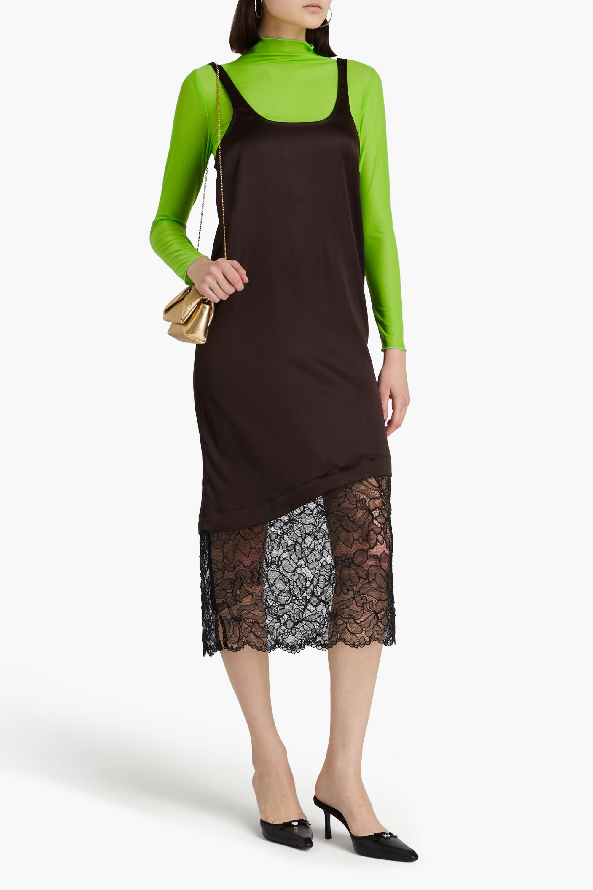 GANNI Lace-paneled satin midi slip dress