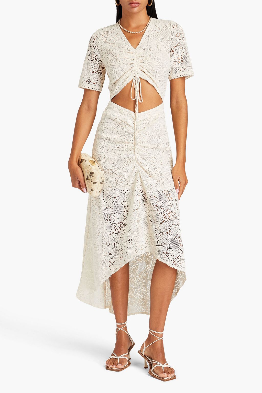 MAJE Cutout ruched crocheted lace midi dress