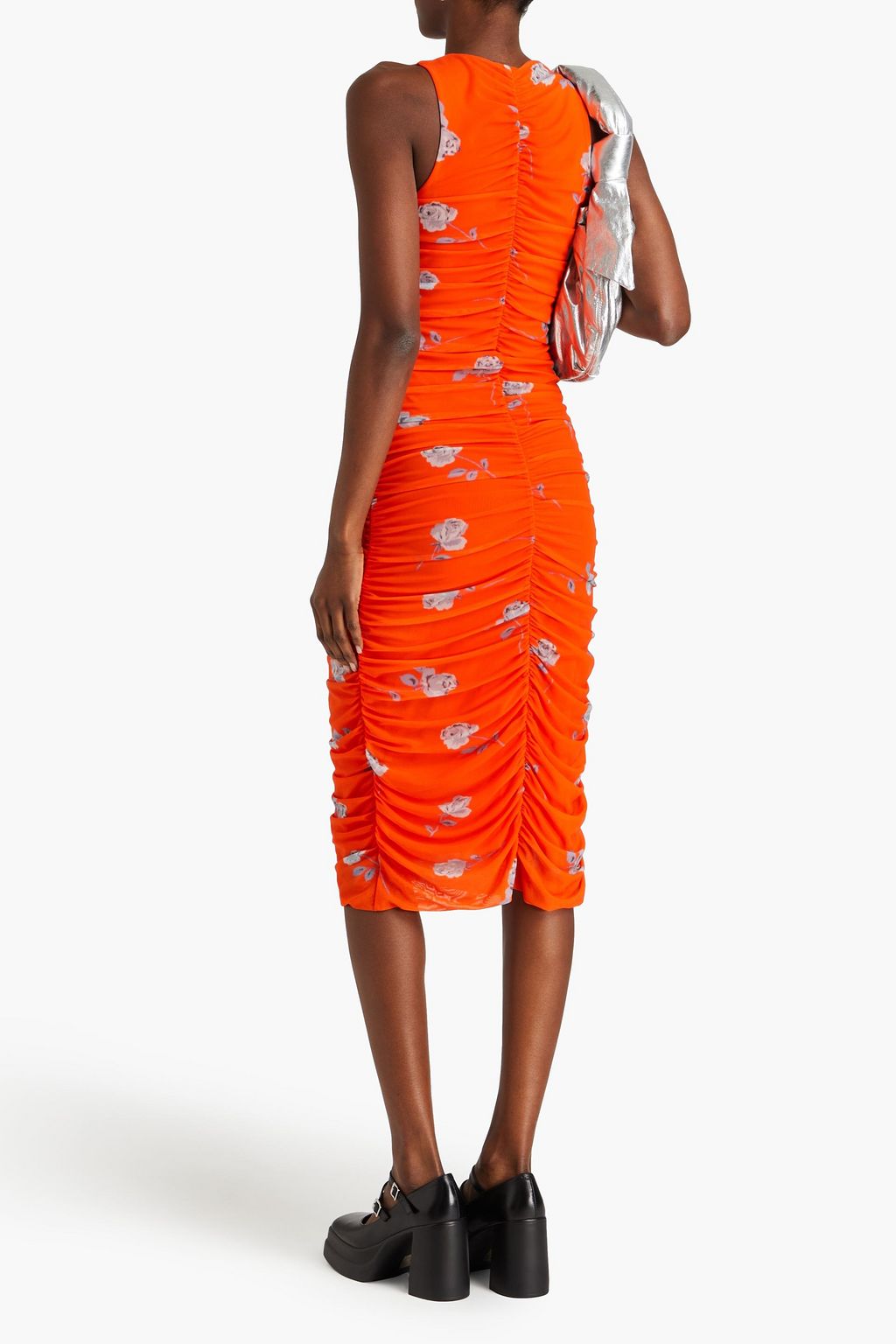 GANNI Ruched floral-print stretch-mesh midi dress
