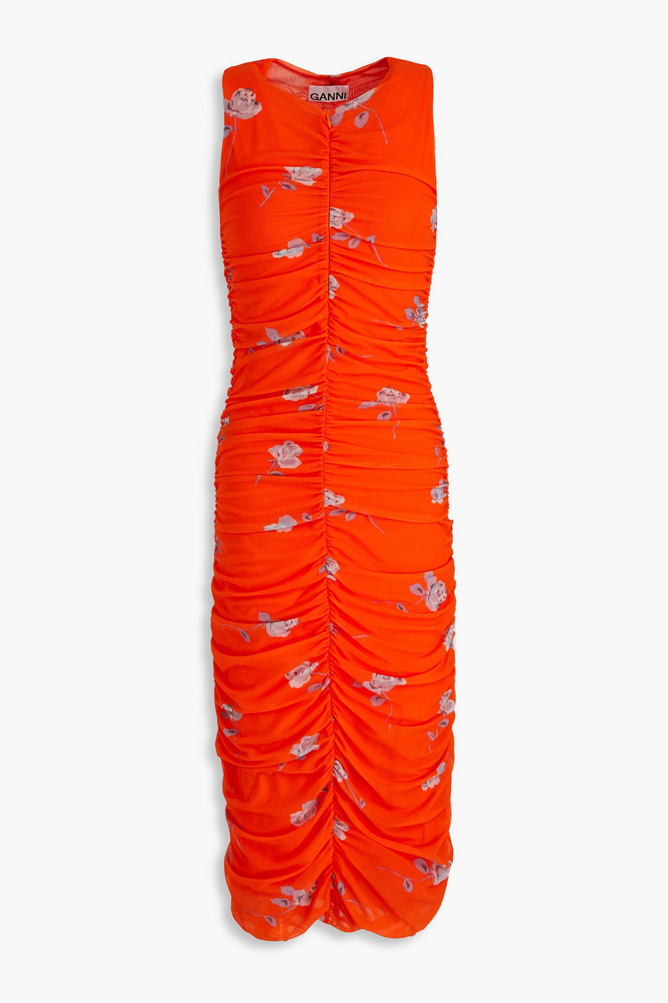 Ganni + Net Sustain Ruched Floral-print Stretch Recycled-mesh Dress In Orange