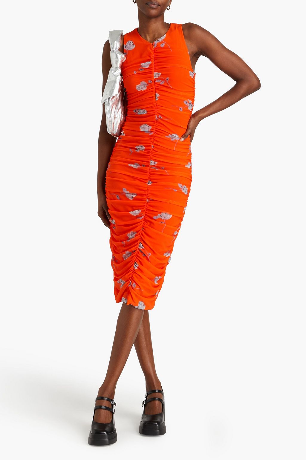 GANNI Ruched floral-print stretch-mesh midi dress