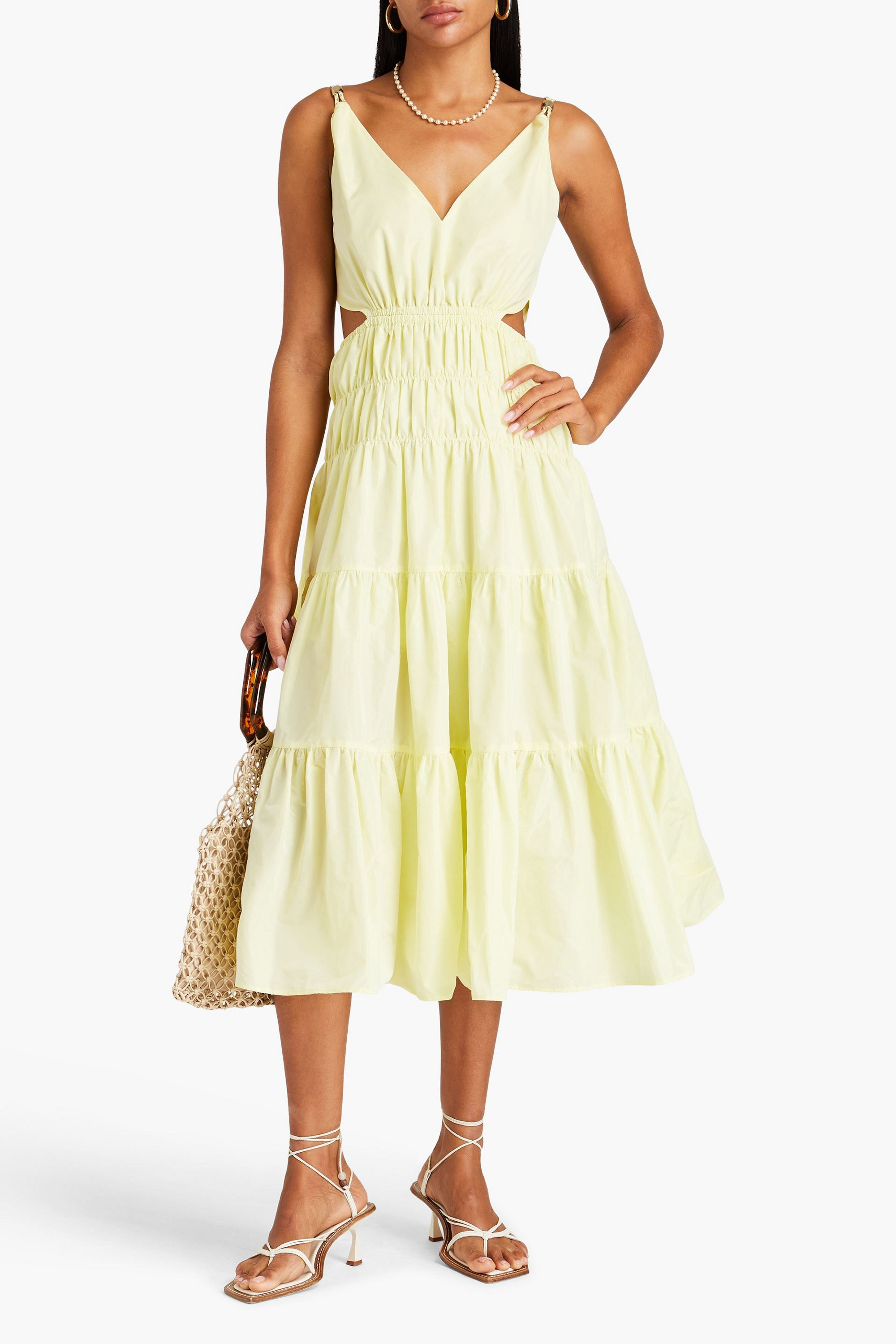MAJE Cutout shirred taffeta midi dress