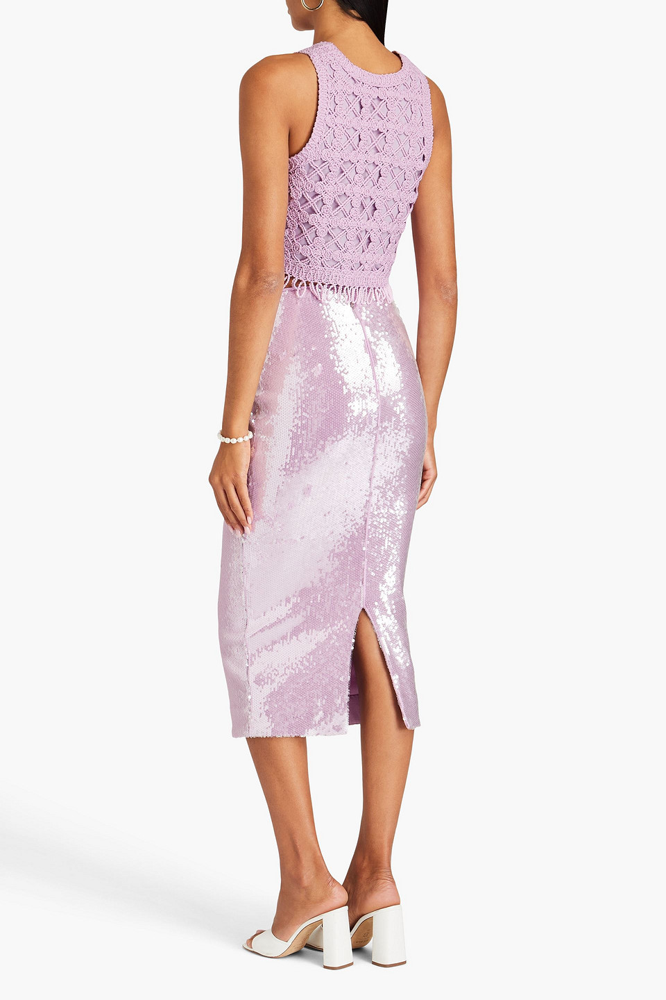 Maje Cropped Fringed Crocheted Top In Lilac