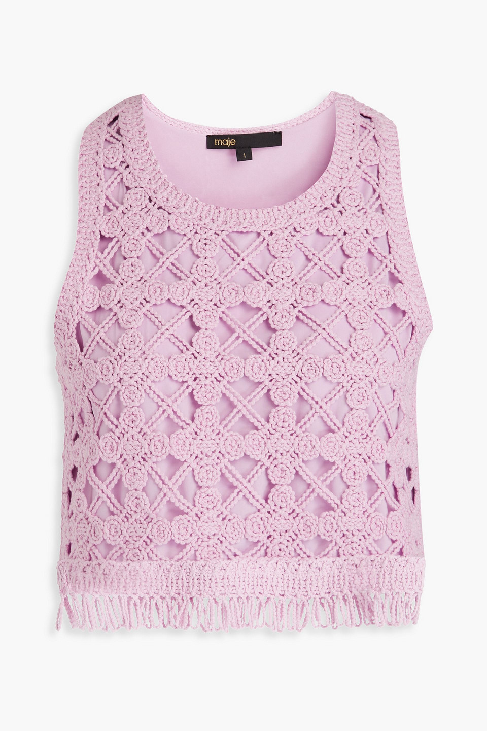 Maje Cropped Fringed Crocheted Top In Lilac