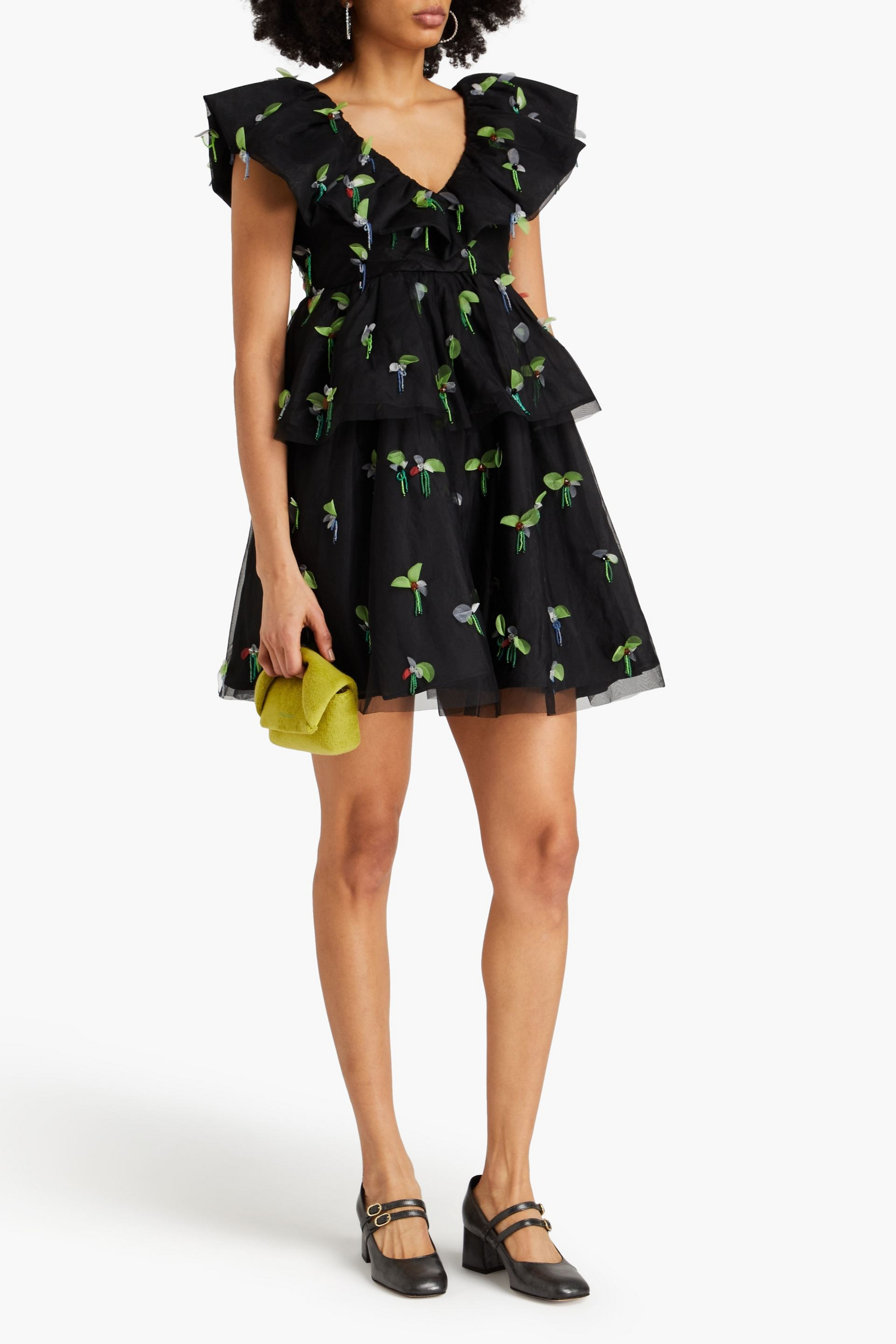 GANNI Embellished tiered tulle mini dress