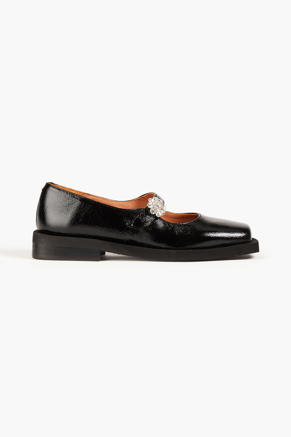 GANNI CRYSTAL-EMBELLISHED GLOSSED LEATHER AND SHELL BALLET FLATS