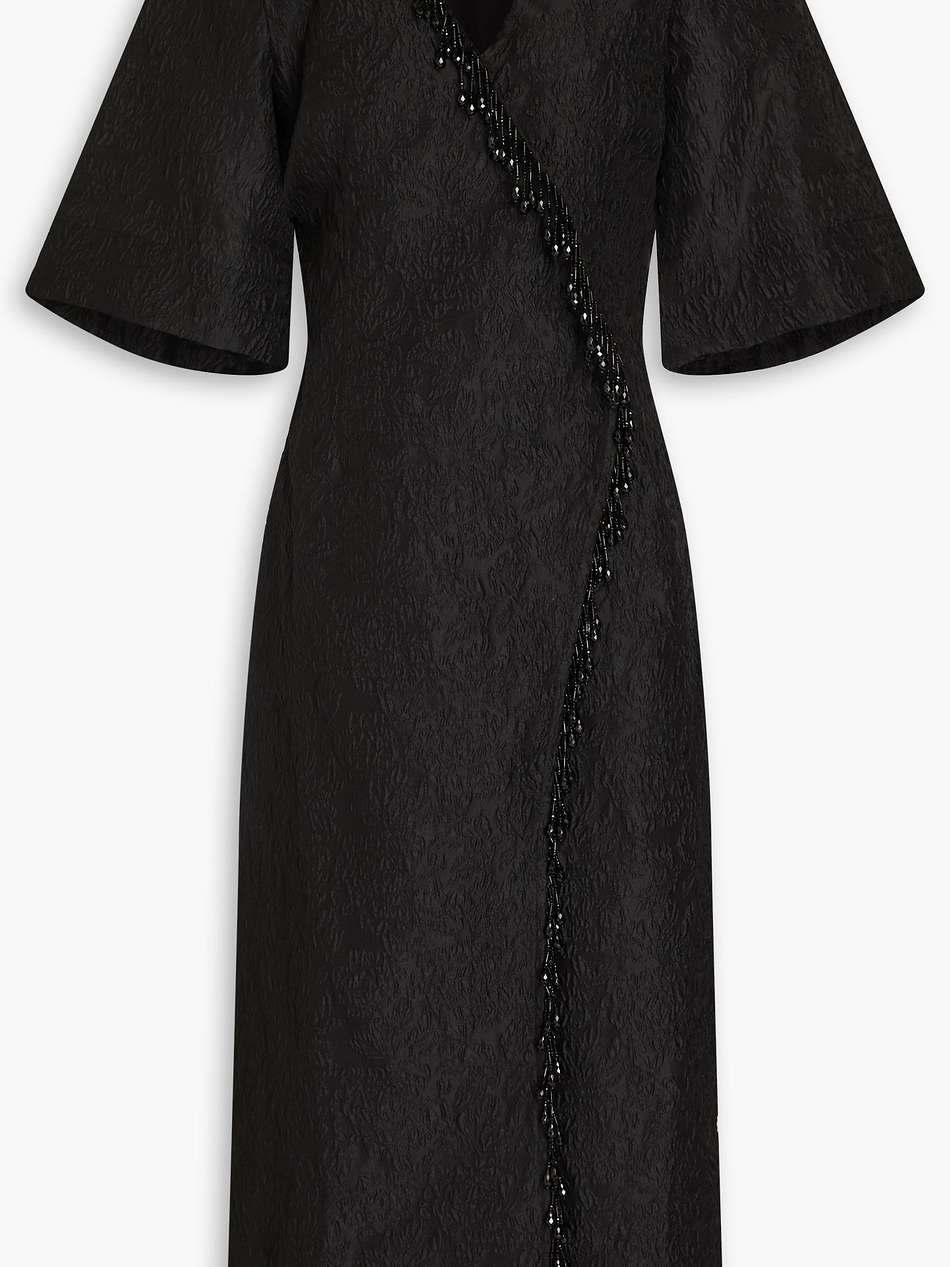 bead-embellished cloqué midi wrap dress