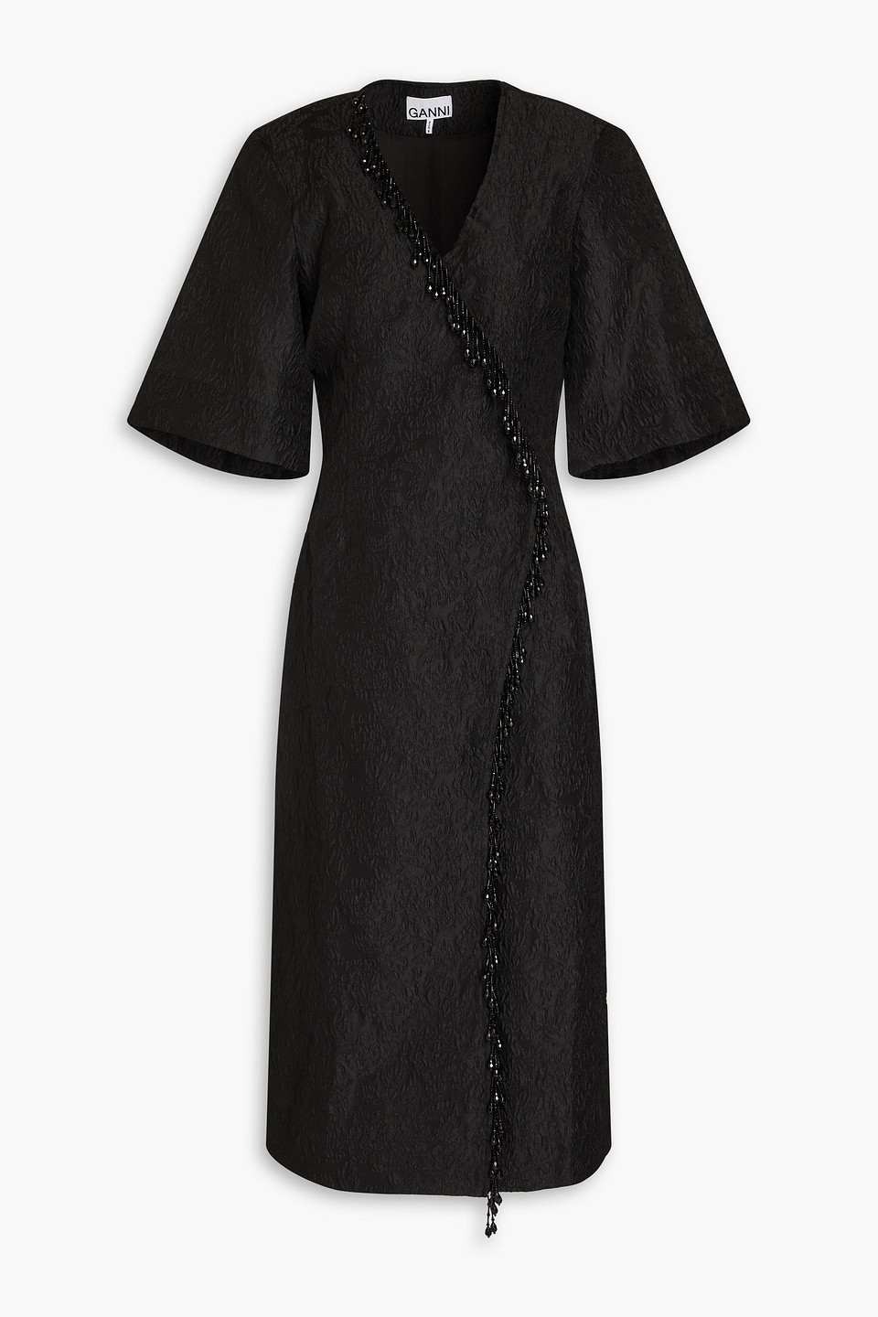 Ganni + Net Sustain Bead-embellished Recycled Cloqué Midi Wrap Dress In Black