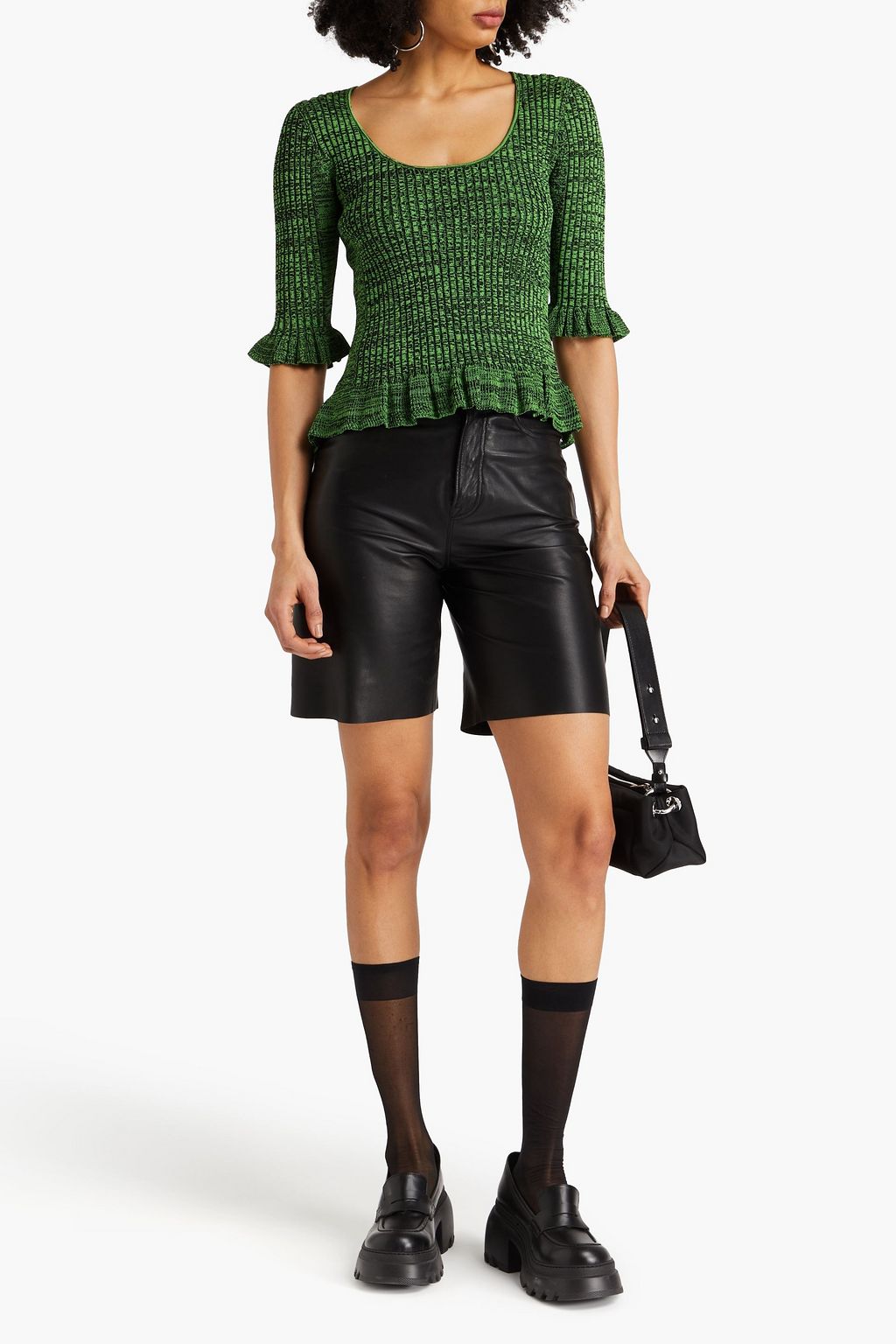 GANNI Ruffled marled ribbed-knit top