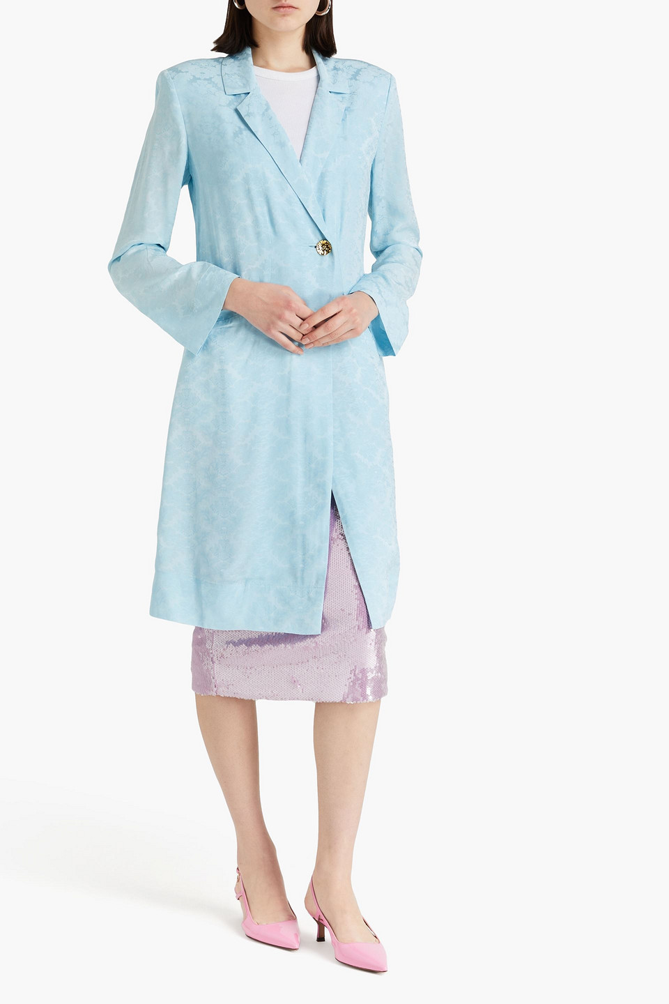 Ganni Floral-jacquard Jacket In Sky Blue