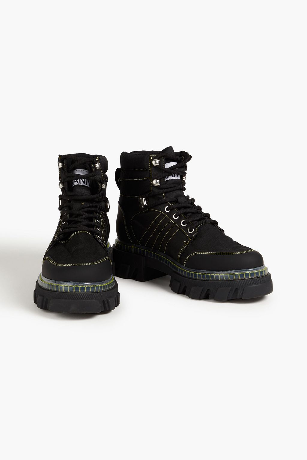 GANNI Lace-up leather and canvas ankle boots