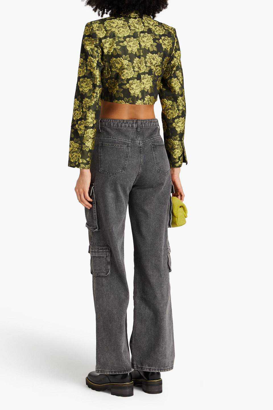 Ganni Flower Jacquard Cropped Suiting Blazer In Black