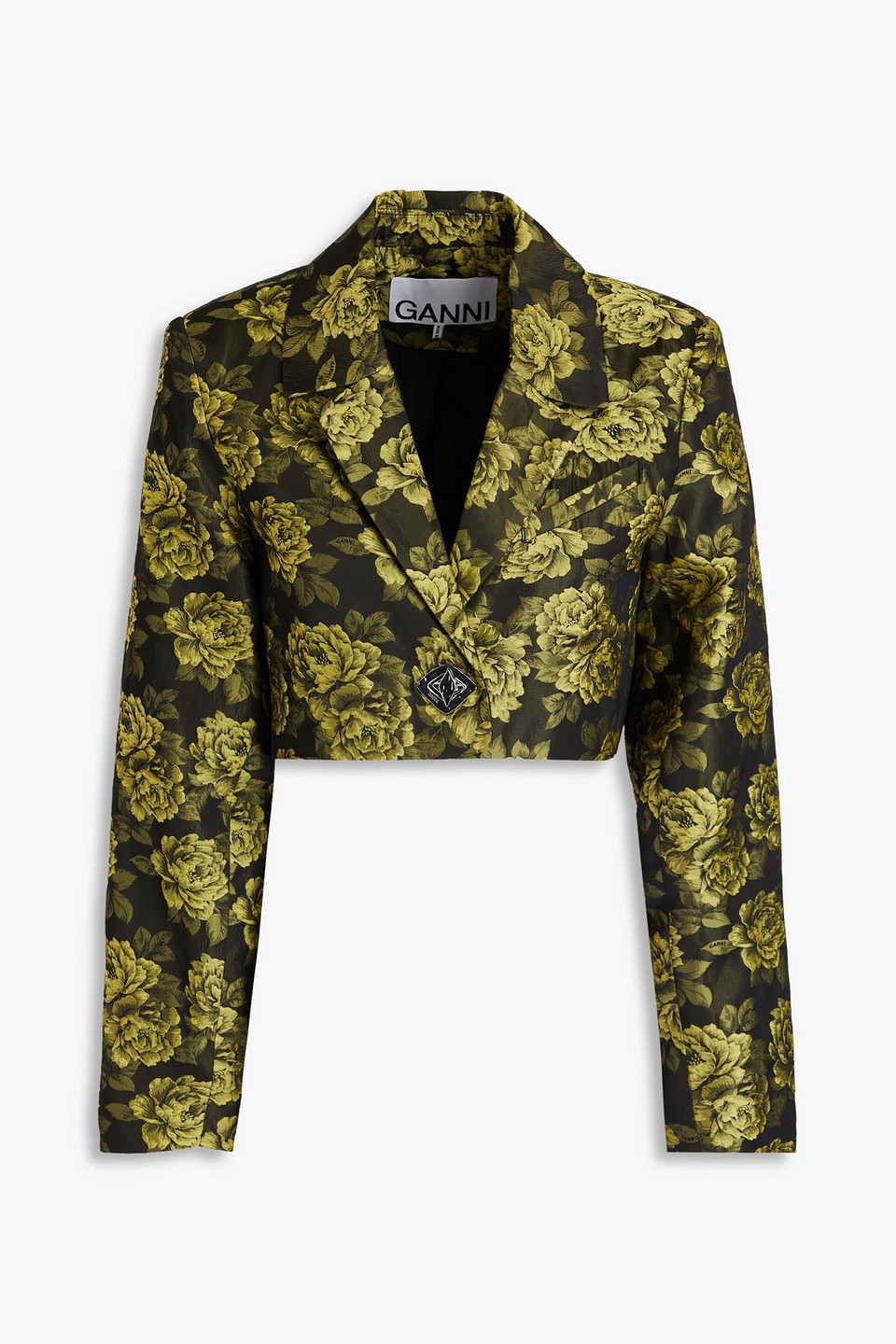 Ganni Flower Jacquard Cropped Suiting Blazer In Black