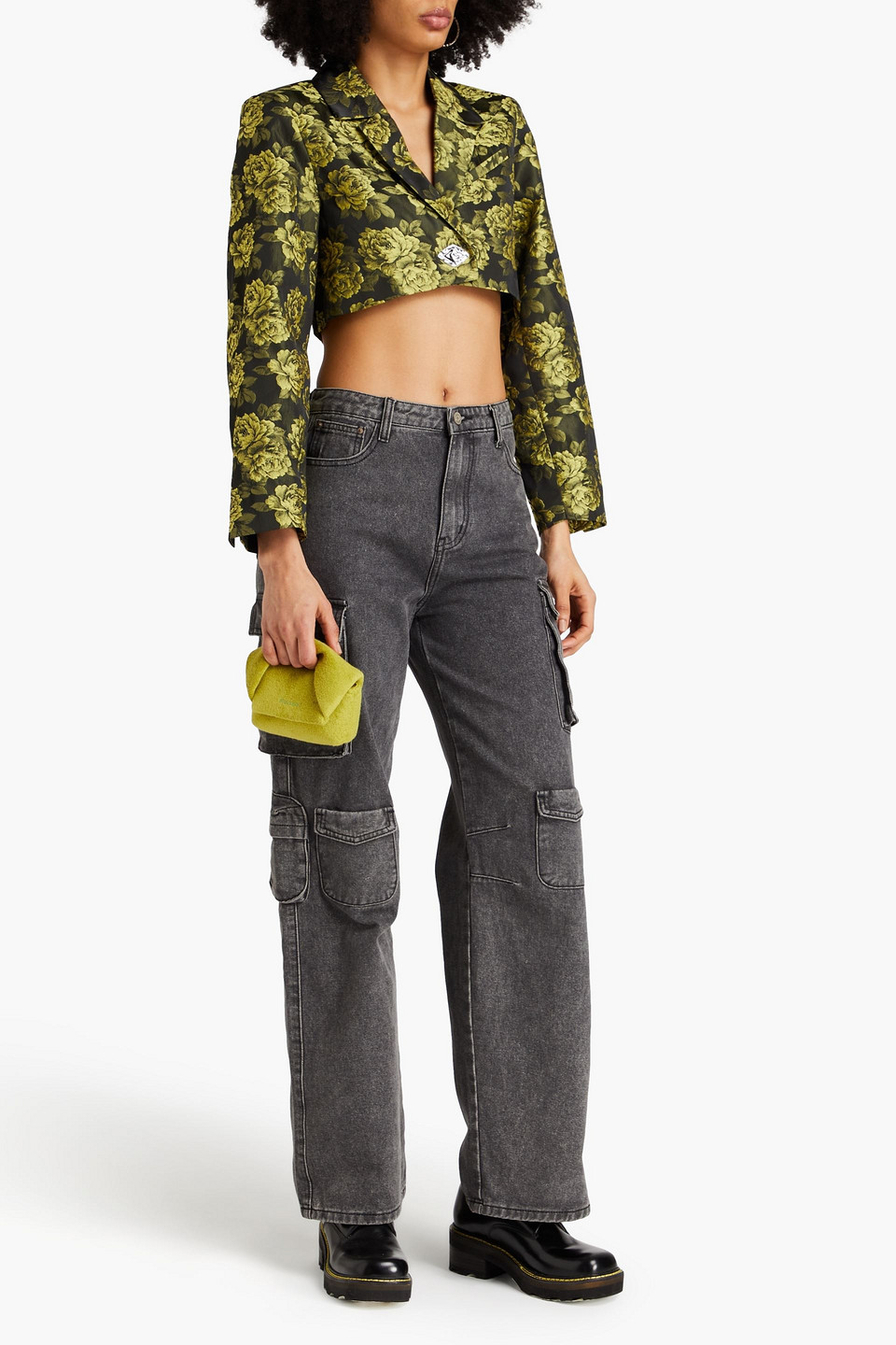 Ganni Flower Jacquard Cropped Suiting Blazer In Black