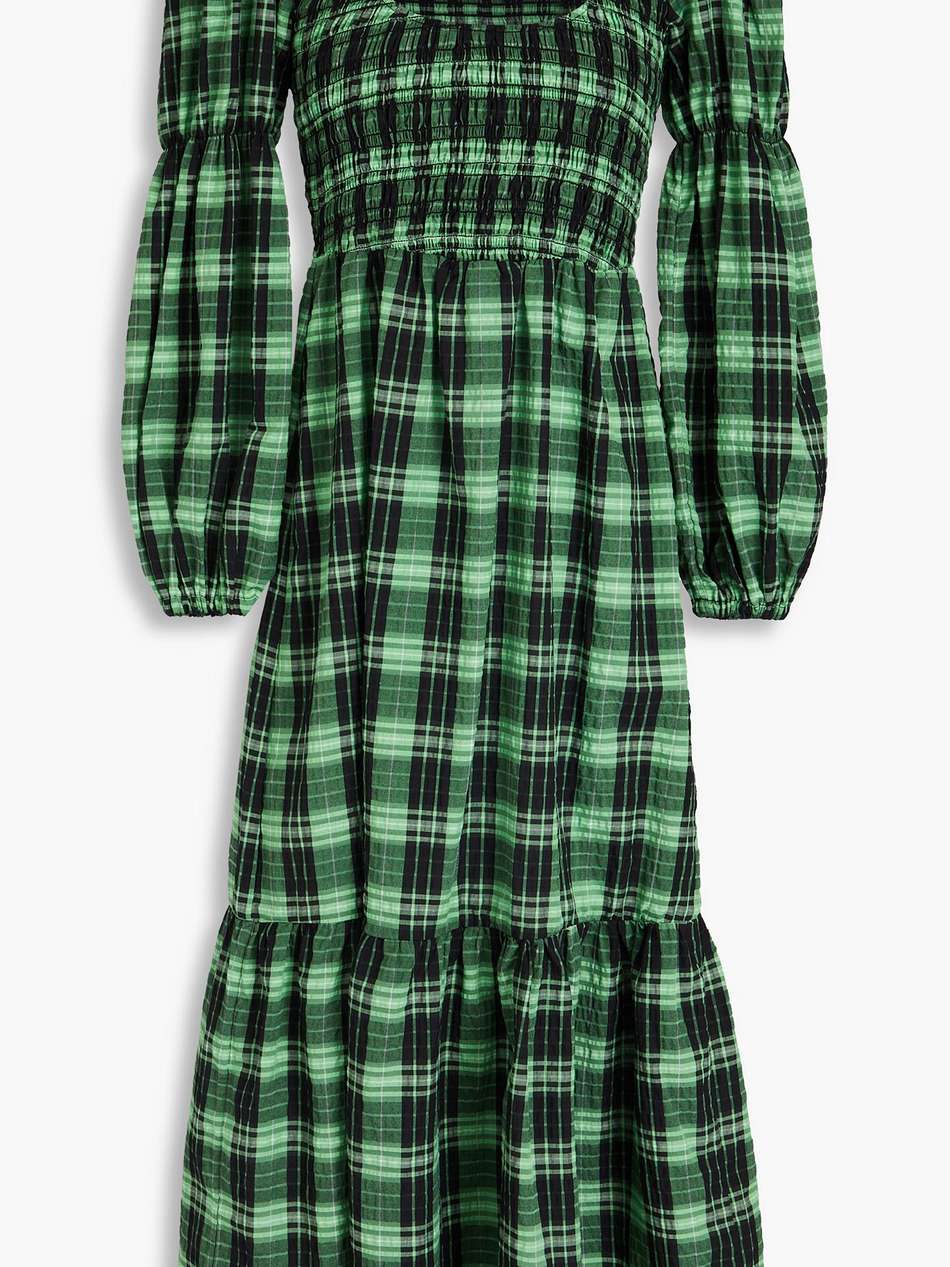 checked cotton-blend seersucker midi dress