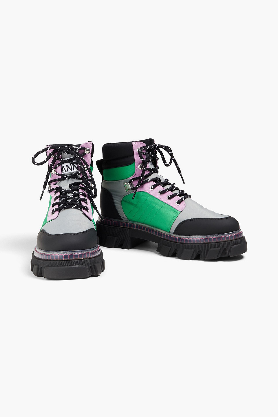 Ganni Color-block Shell And Suede Hiking Boots In Green