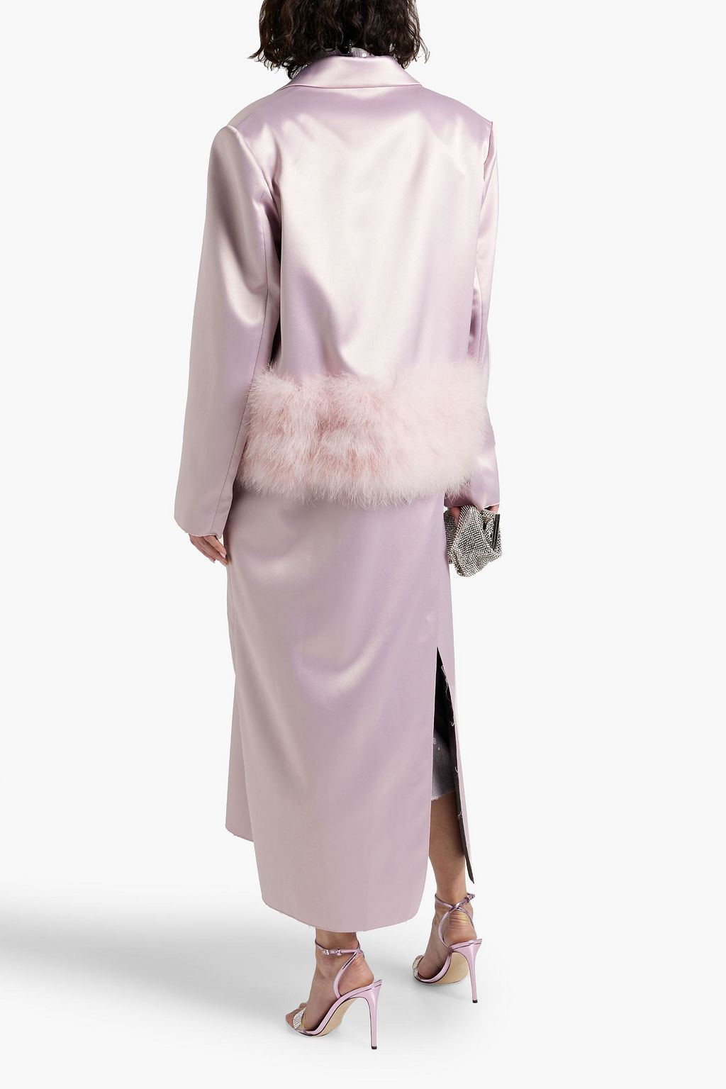 16ARLINGTON Willis double-breasted feather-trimmed satin coat