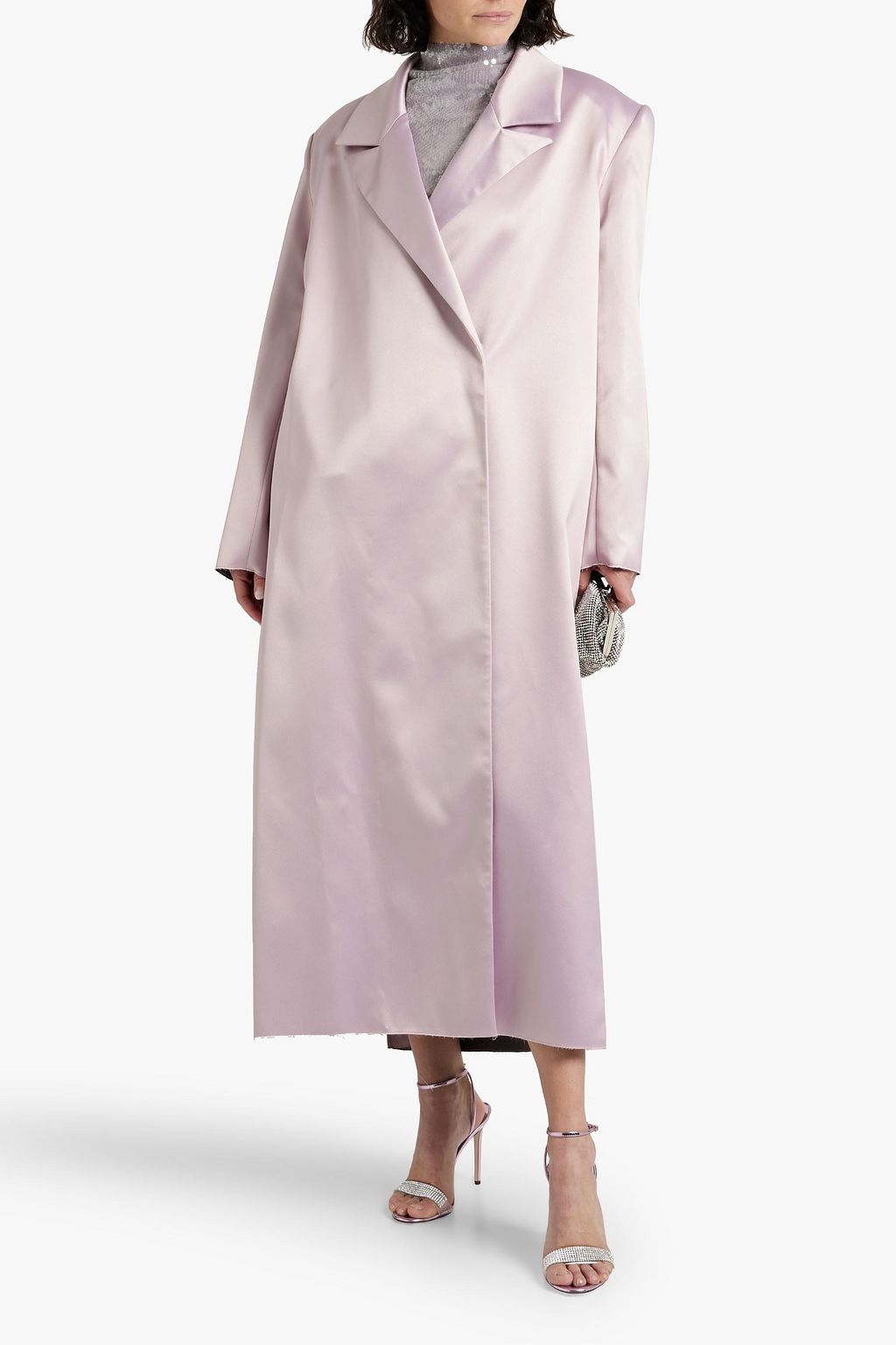 16ARLINGTON Willis double-breasted feather-trimmed satin coat