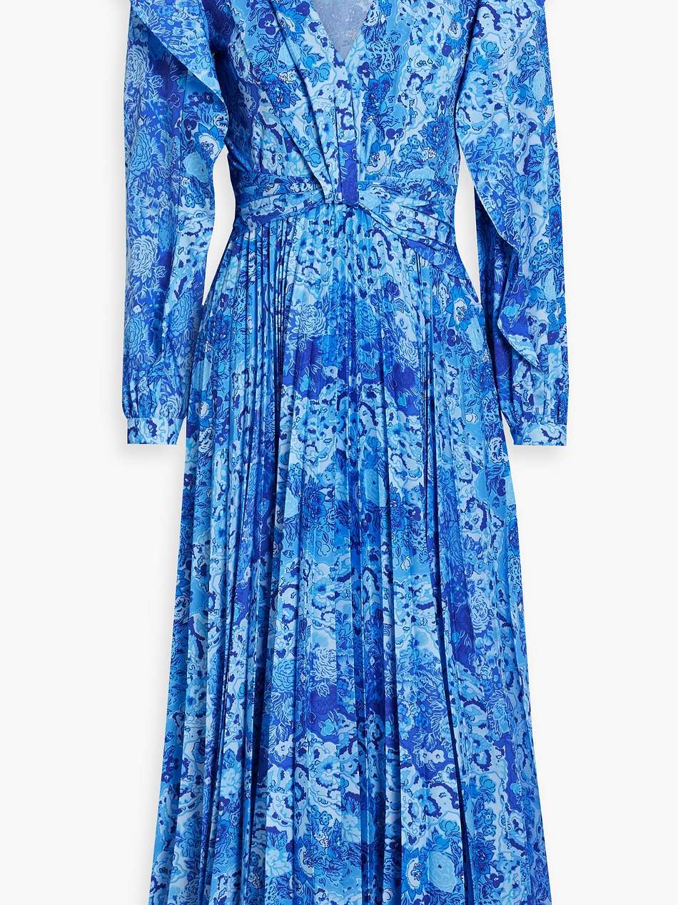 pleated ruffled floral-print crepe midi dress