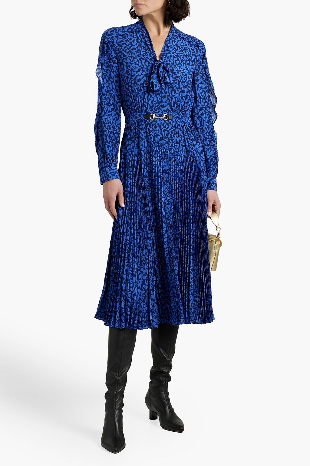 DEREK LAM 10 CROSBY 푸시 보우 장식 프린트 크레이프 드 신 미디 드레스